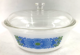 RARE Vintage Blue Green Floral Print Glasbake Casserole Dish Milk Glass J514 207 - £39.10 GBP