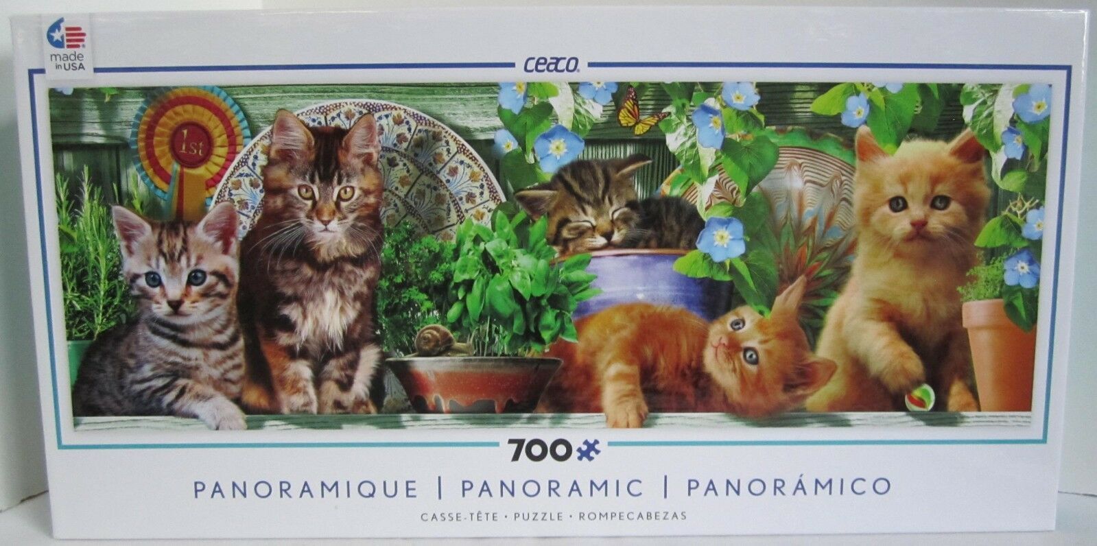 Primary image for Ceaco 700 Piece Jigsaw Puzzle Panoramic 5 KITTENS ON SHELF Herb & Flower Garden