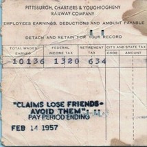 Vintage Pittsburgh Chartiers Youghiogheny Railroad Company Employee Paystub 12 - £10.35 GBP