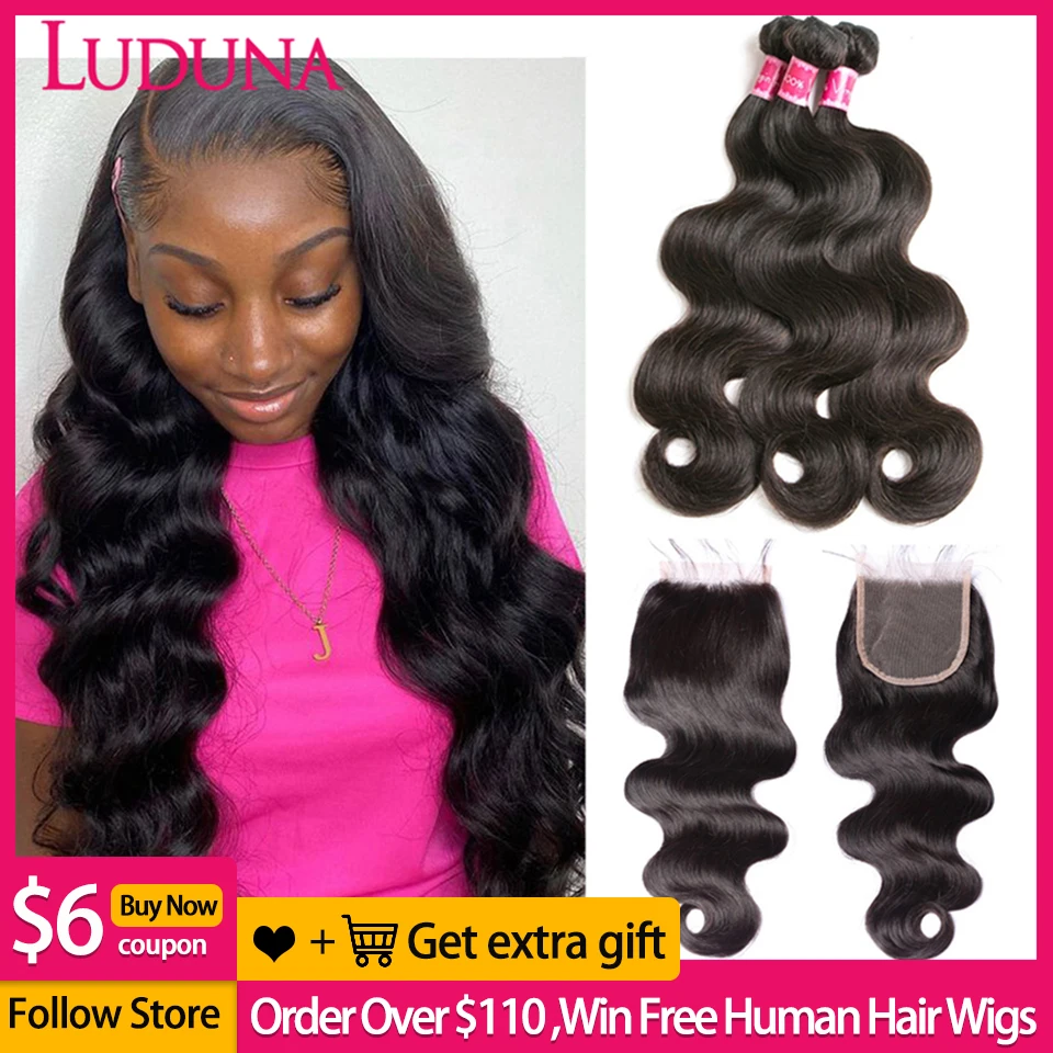 Luduna Body Wave Bundles With Closure Brazilian Hair Bundles With Closure Human - £74.58 GBP+