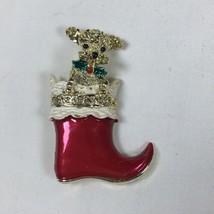 Vintage Gerry&#39;s Brooch Pin Red Enamel Poodle Dog Christmas Stocking - £11.21 GBP
