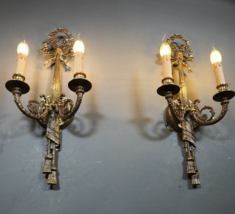 Rare Gilded Bronze Louis XVI Huge 24&quot; Ribbon Ornate Pair of Appliques Sc... - $676.32 CAD