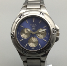 Relic Wet Watch Men 40mm Silver Tone Blue Dial Day Date New Battery 7&quot; - £19.56 GBP