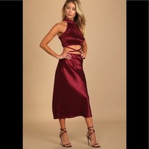 Lulus Fierce Vision Wine Red Jacquard Print Satin Cutout Midi Dress, Med... - $64.52