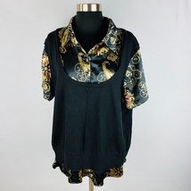 Style &amp; Co Black Gold Bohemian Satiny Sweater Over Blouse Short Sleeves ... - £18.29 GBP