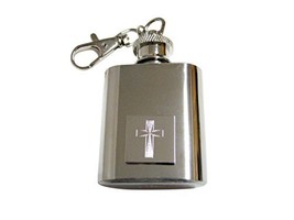 Etched Silver Toned Religious Cross 1 Oz. Stainless Steel Key Chain Flask - £23.97 GBP