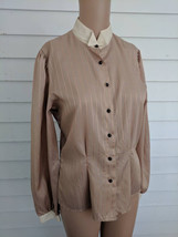 70s Retro Blouse Pinstripe Long Sleeve Button Wing Tip Collar Vintage S - $14.00
