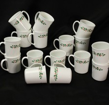 Corelle Winter Holly Mugs 3.75&quot; Tall Xmas Lot of 15 White Vein - £47.73 GBP