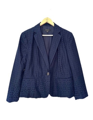 Ann Taylor Blazer Navy Blue Eyelet  Lined Beautiful - Business Casual Sz 14 - $34.86