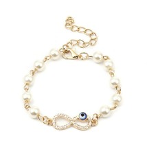 Gold Adjustable Infinity Blue Evil Eye Pendant White Pearl Chain Beaded Bracelet - £7.62 GBP