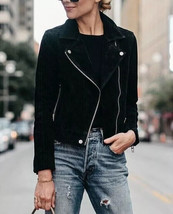 Biker Casual Classy Handmade Black Women Genuine Soft Pure Suede Leather Jacket - $126.23+