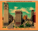 Woodward Ave &amp; Washington Blvd Detroit Michigan MI Linen Postcard F14 - $11.83