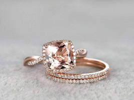 2.50CT Cushion Cut Peach Morganite Engagement Bridal Ring Set 14k Rose Gold Over - £67.46 GBP