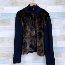 Parkhurst Faux Fur Ribbed Knit Jacket Brown Black Full Zip Vintage Womens XL - £27.23 GBP