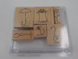 Stampin' Up Set Of 6 "The Fine Print" Stamps Bee Umbrella Gift Flower 2002 Bib - £12.57 GBP
