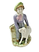 Majolica Art Nouveau Porcelain Lamb Boy Purple Spill Vase Figurine - $79.19