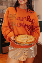 Russet Orange Tinsel Thanksgiving Drop Shoulder Sweater - £41.74 GBP