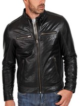 New Men&#39;s Genuine Lambskin Leather Jacket Black Slim Fit Motorcycle Jacket MJ112 - £93.90 GBP