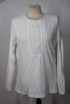 LL Bean M Ivory Cotton Stretch Ruffle Pleat Long Sleeve Knit Top - £18.63 GBP