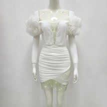 Ff shoulder new sexy bodycon mini dress for women 2022 summer 3d flower net black white thumb200