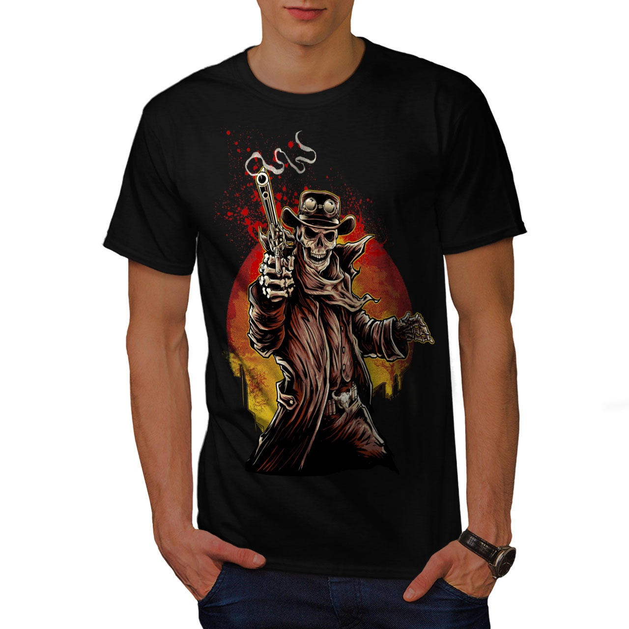 Primary image for Western Cowboy Cool Skull Shirt Gun Shot Men T-shirt
