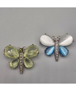 Butterfly Brooch Pin Set (2) Silver Tone Green Moonglow White Blue - $464.71 MXN