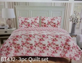 Patty Flowers Dark Pink Reversible Bedspread Quilted Set 3 Pcs Queen Size - £35.47 GBP