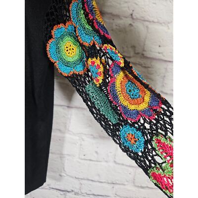 Joseph A.  Black Knit Top with Colorful Crochet 3/4 Sleeves Sz Medium Silk Blend Item image 4