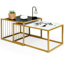 Modern Nesting Coffee Table Marble-Top Side Snack Table Set W/ Gold Metal Frame - £92.32 GBP