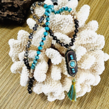 Turquoise Crystal Gray Black Beaded Necklace Gold Tone Leather Jasper Tassel - £15.94 GBP