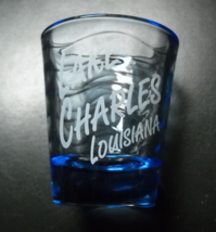 Lake Charles Louisiana Shot Glass Blue Tint Glass with White Print and Wavy Body - £5.52 GBP