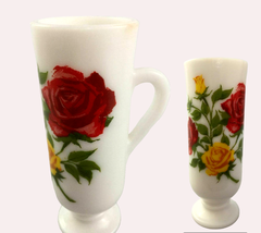 Avon Red Yellow Roses Flowers White Milk Glass Mug Handled Pedestal Bud Vase - £15.77 GBP