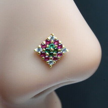 Indian Square Nose ring Multi-color CZ gold plated Piercing nose stud push pin - $11.68