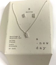 A New Day Silver Plated Cubic Zirconia Initial &quot;E&quot; Necklace Earring Set 16 inch - £7.88 GBP