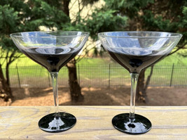 Modern Hand Blown Margarita Glasses Martini Set of 2 Black and Clear Large 7x5&quot; - £19.97 GBP