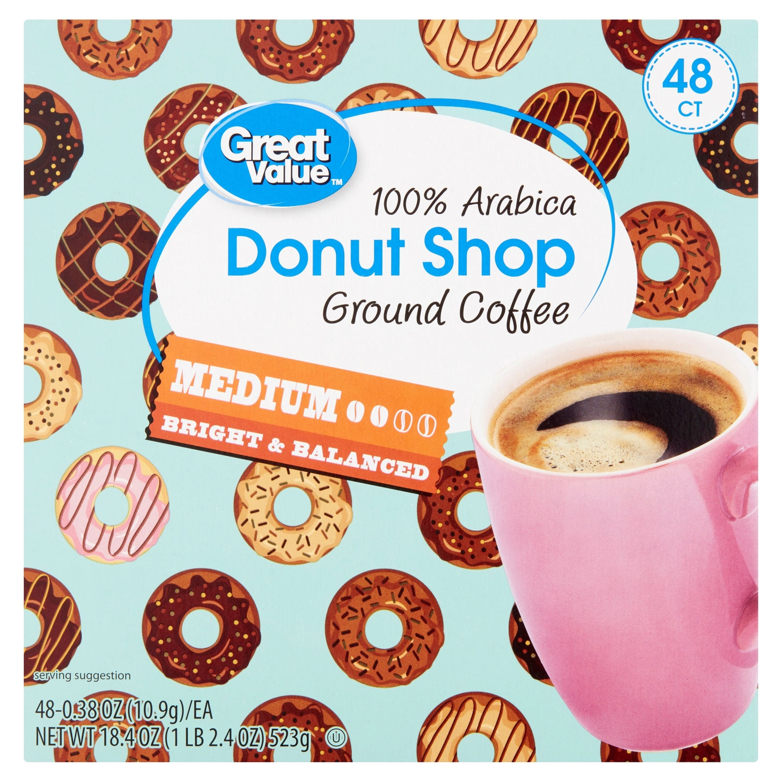 Primary image for Great Value Donut Shop 100% Arabica Medium Ground Coffee, 0.38 oz, 48 count
