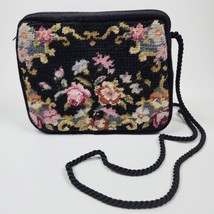 Vintage 1970s Floral Petit-point Needle Point Black Velvet Shoulder Bag Cottage - £24.10 GBP