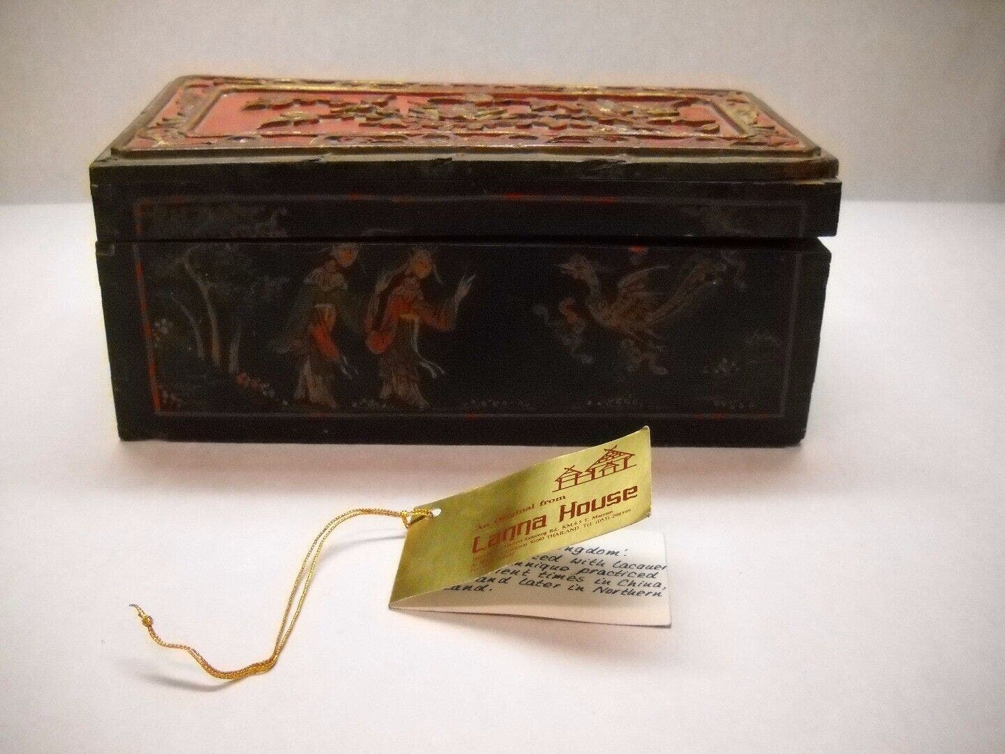 Primary image for ANTIQUE Lacquered CHINESE Wooden BOX Carved TOP 19TH CENTURY Carved TOP