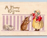Adorable Scene Girl Fieeding Bunnies w Bottle Happy Easter UNP DB Postca... - $4.90