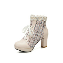 New Arrival Designer Shoes Women Plus Size 43 Tweed Boots Square High Heels Plat - £60.86 GBP