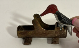 VintageCast Iron Metal Woodpecker On Log Toothpick Dispenser Hand Painted - £28.54 GBP