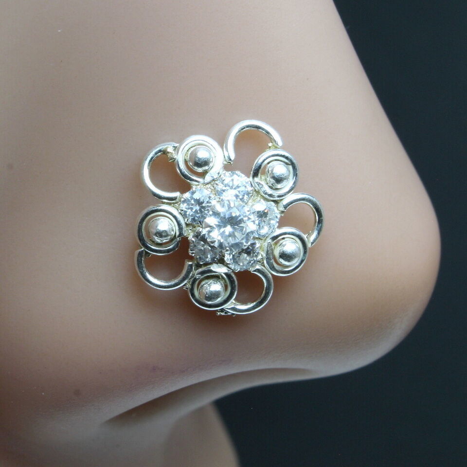 Medusha Ethnic 925 Sterling Silver White CZ Studded Corkscrew nose ring 22g