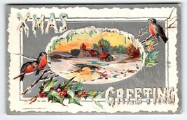 Christmas Postcard Three Robins Birds Holly Homes Creek Bridge Embossed Vintage - £10.25 GBP