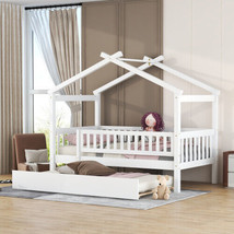 Twin Size Wooden House Bed with Twin Size Trundle, White - $301.77