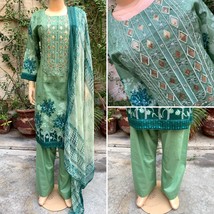 Pakistani Light Green Printed Straight Shirt 3-PCS Lawn Suit w/ Threadwork ,XL - £43.36 GBP