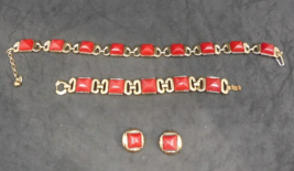 CROWN TRIFARI 3pc Demi Parure Set Red Lucite Squares Necklace Bracelet Earrings - £101.45 GBP