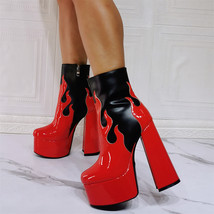 Women Newest Black Red Shiny Flame Patchwork Ankle Boots Round Toe Chunky Heel   - £114.56 GBP