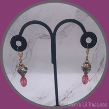 Pink Crystal &amp; White Flower Design Cloisonné Gold Tone Dangle Earrings -Handmade - £7.05 GBP
