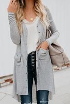 Light Gray Selected Button Down Pocketed Knit High Low Long Cardigan - £17.49 GBP