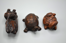 Hand Carved Wooden Turtle Figurines Mouse Pulling Tortoise Baby Turtle on Shell - £27.05 GBP